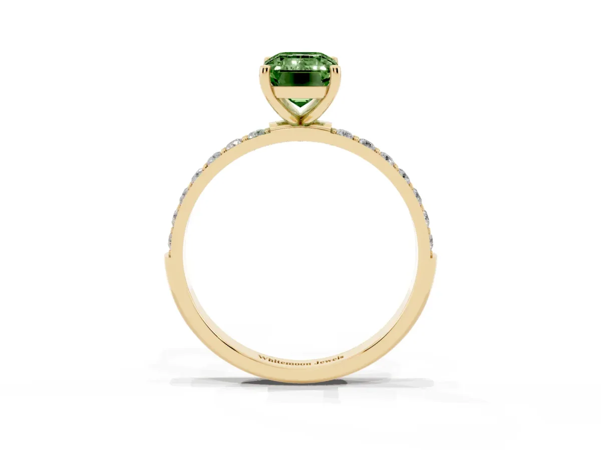 Fancy Green Emerald Cut Diamond Solitaire Ring with Round Pavé Shoulders and Prong Setting Yellow gold