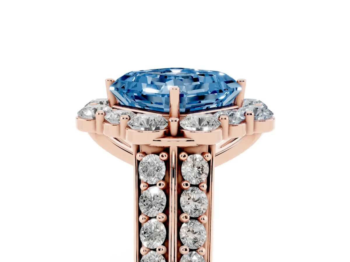 Fancy Blue Asscher Cut Halo Diamond Engagement Ring with Split Shank and Prong Setting Rose gold