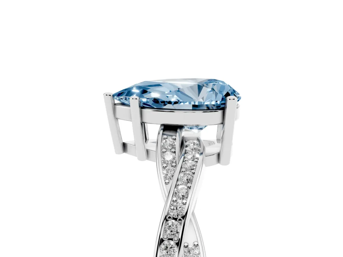 Fancy Blue Pear Cut Solitaire Twisted Pave Diamond Ring with Four-Prong Setting Silver