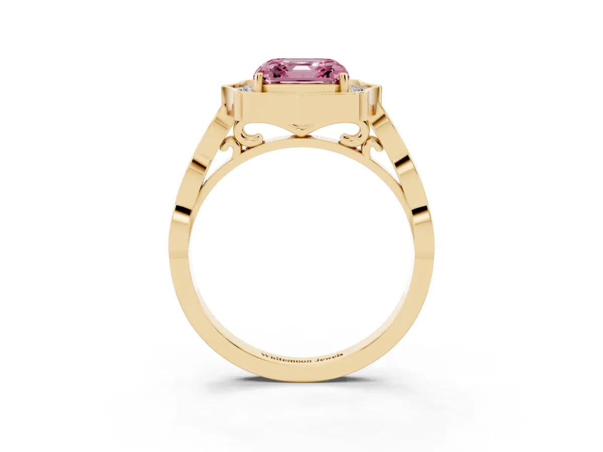 Fancy Pink Asscher Cut Halo Diamond Engagement Ring with Milgrain Band and Four-Prong Setting Yellow gold
