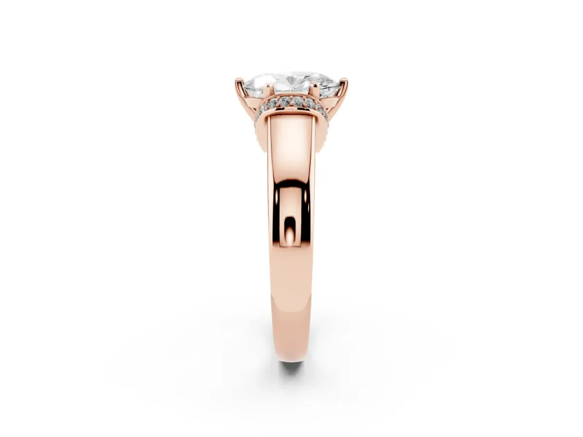 Oval Cut Solitaire Diamond Ring with Pave Band and Six-Prong Setting Rose gold