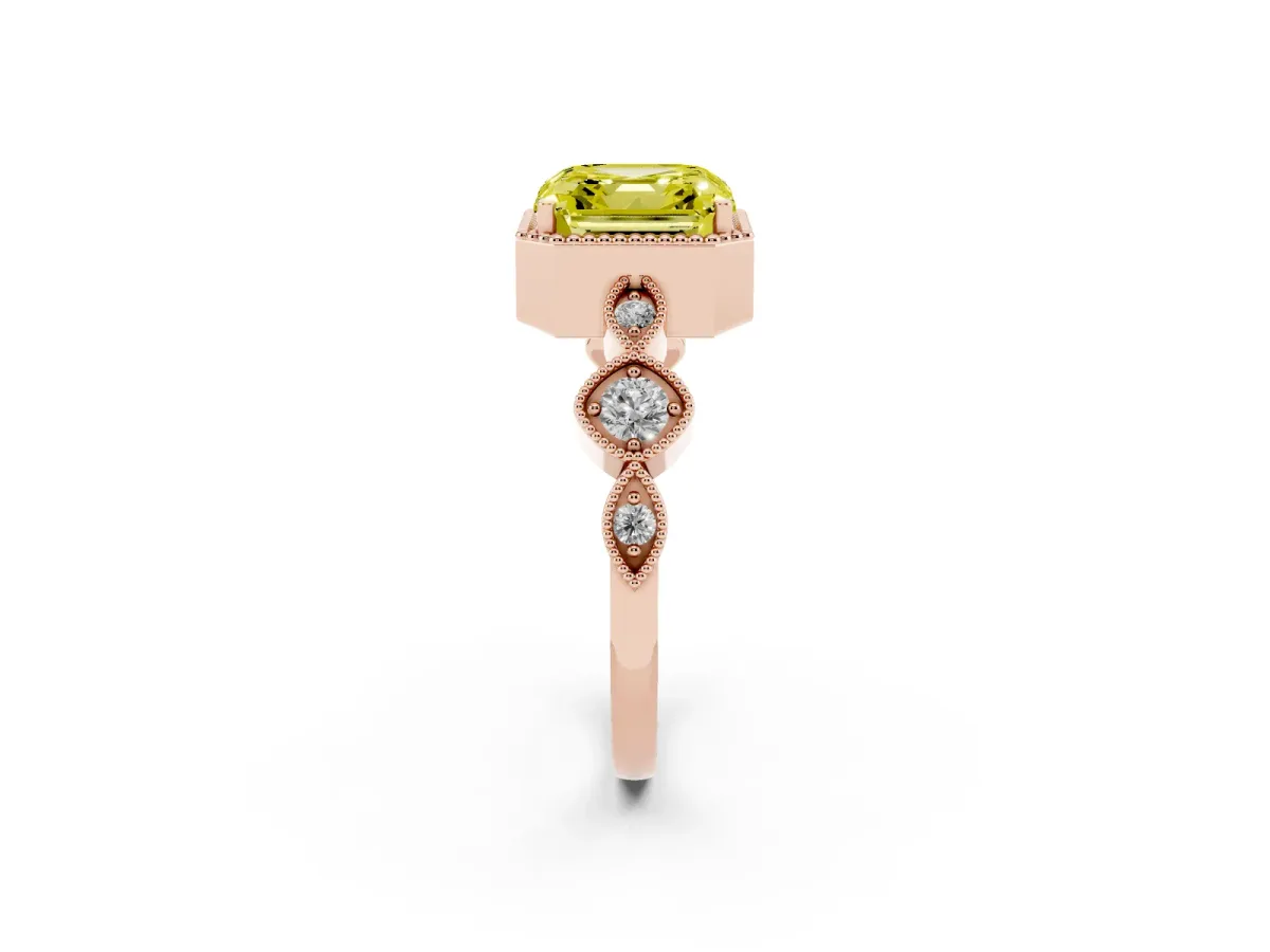 Fancy Yellow Asscher Cut Diamond Vintage Milgrain Ring with Round Stations Rose gold