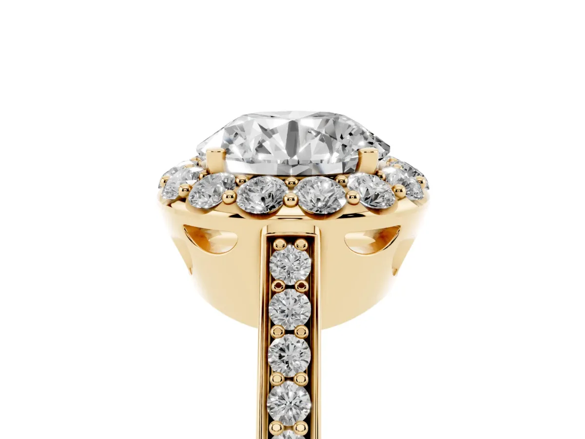 Round Cut Diamond Floral Halo Ring with Pavé Band and Prong Setting Yellow gold