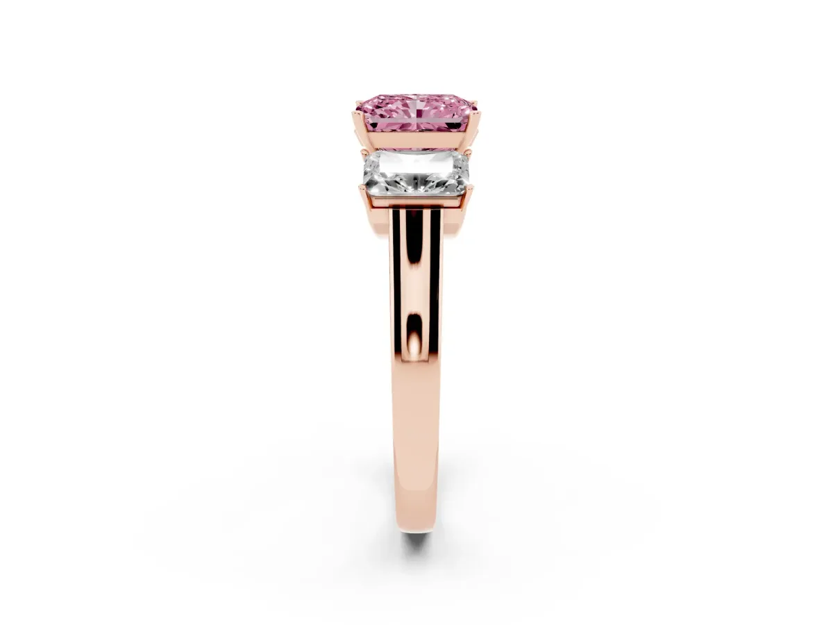 Fancy Pink Three-Stone Radiant Cut Brilliant Diamond Trellis Ring with Comfort Fit Band Rose gold