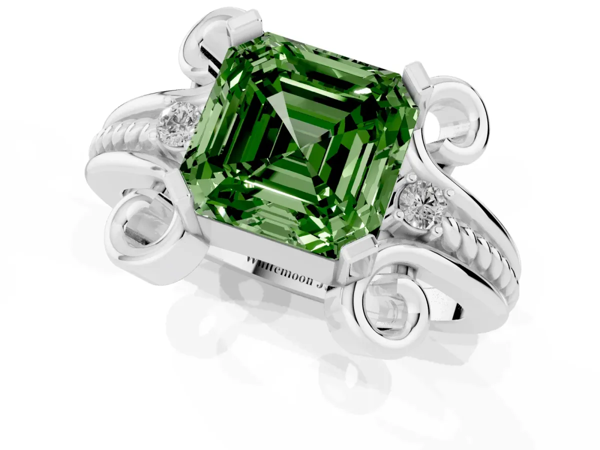 Fancy Green Asscher Cut Solitaire Twisted Band Scroll Prong Ring Silver