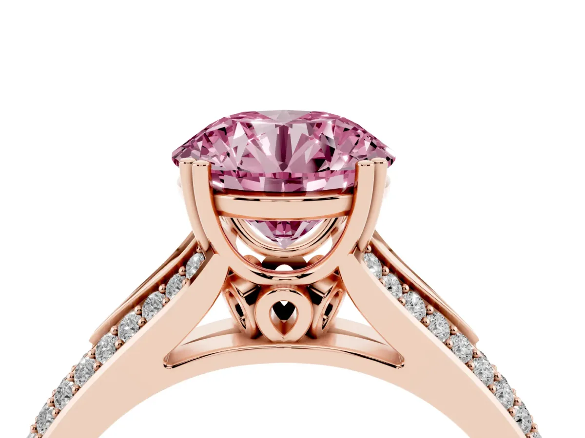 Fancy Pink Round Cut Diamond Split Shank Engagement Ring with Pavé Band Rose gold