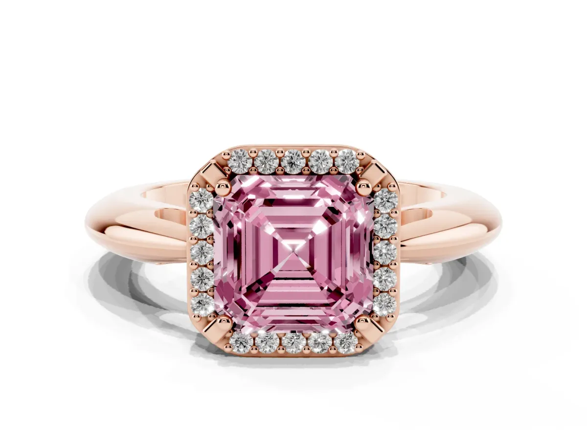 Fancy Pink Asscher Cut Cut Diamond Halo Engagement Ring with Split Shank and Four-Prong Setting Rose gold