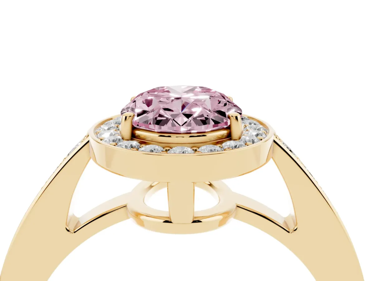 Fancy Pink Oval Cut Halo Pavé Diamond Engagement Ring with Bezel Setting Yellow gold