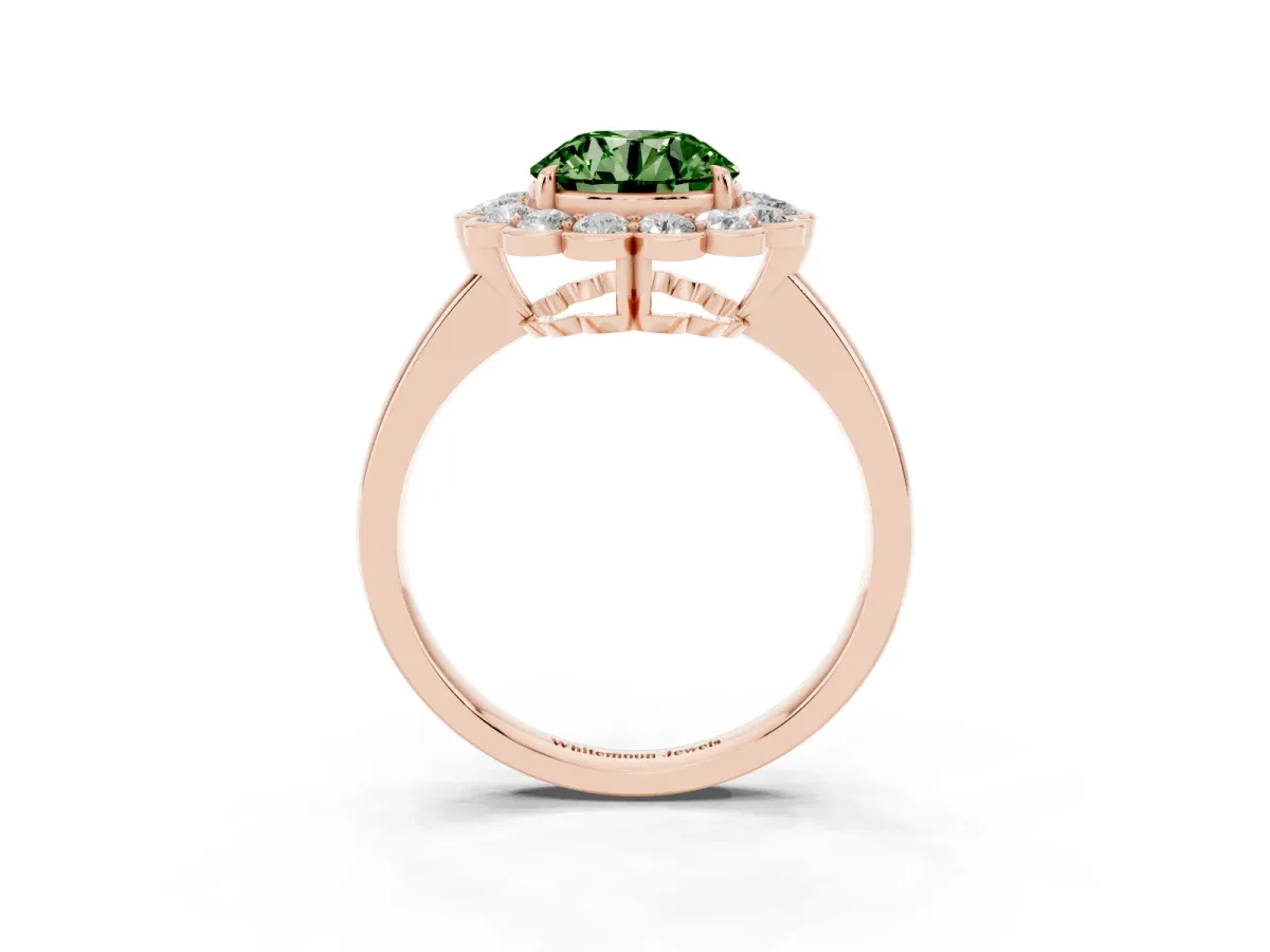 Fancy Green Round Cut Halo Cluster Diamond Engagement Ring with Solitaire Band and Prong Setting Rose gold