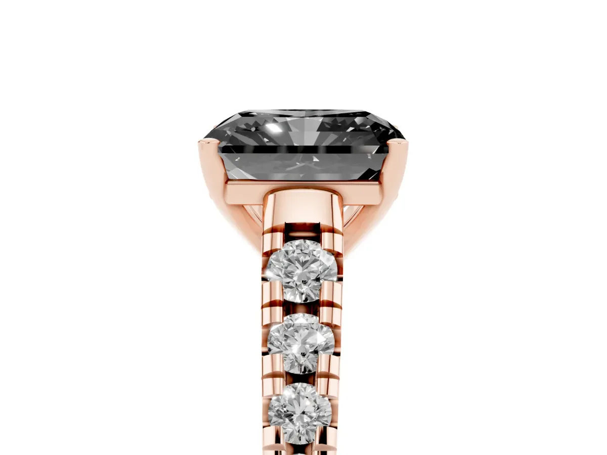 Fancy Black Radiant Cut Diamond Cathedral Solitaire Ring with Round Pavé Band Rose gold