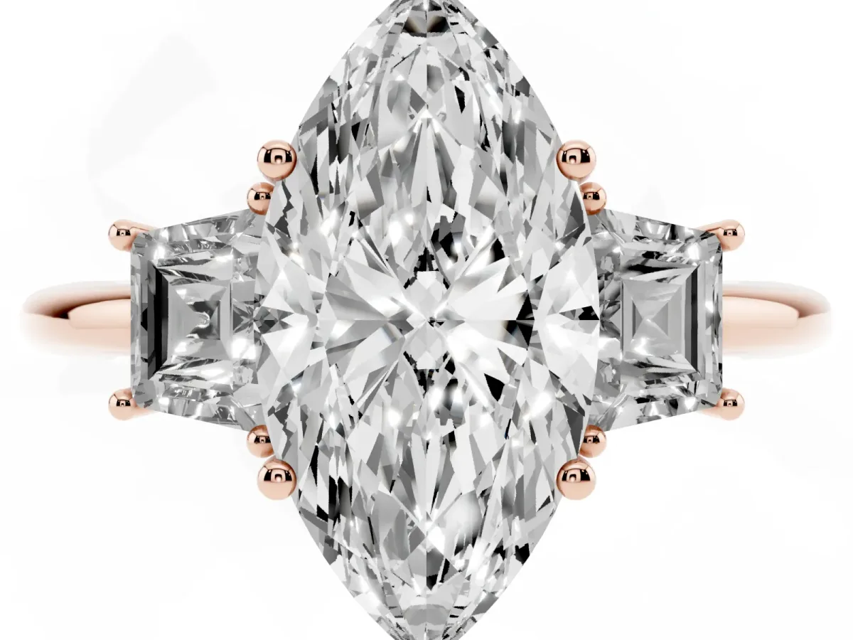 Marquise Cut Diamond Three-Stone Ring with Trapezoid Side Stones and Prong Setting Rose gold