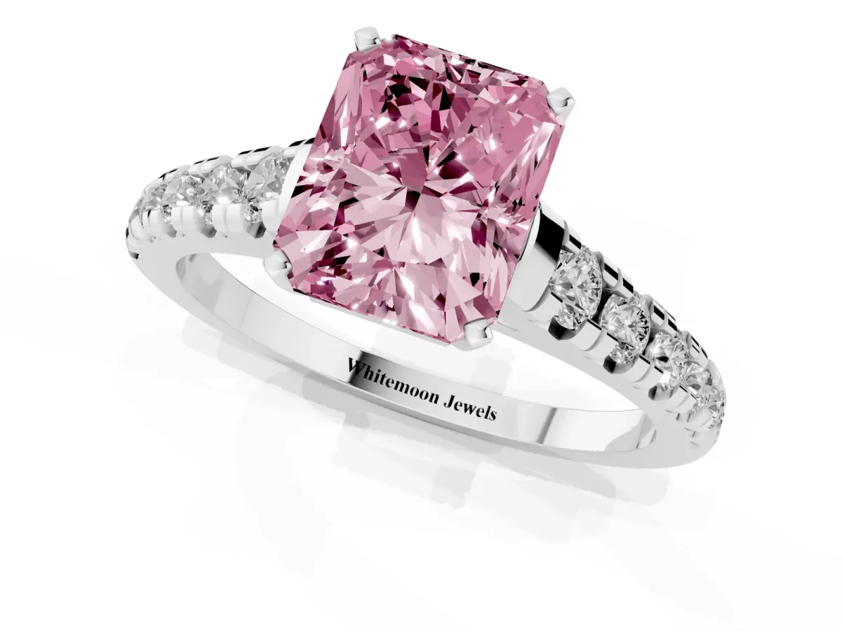 Fancy Pink Radiant Cut Diamond Cathedral Solitaire Ring with Round Pavé Band Platinum