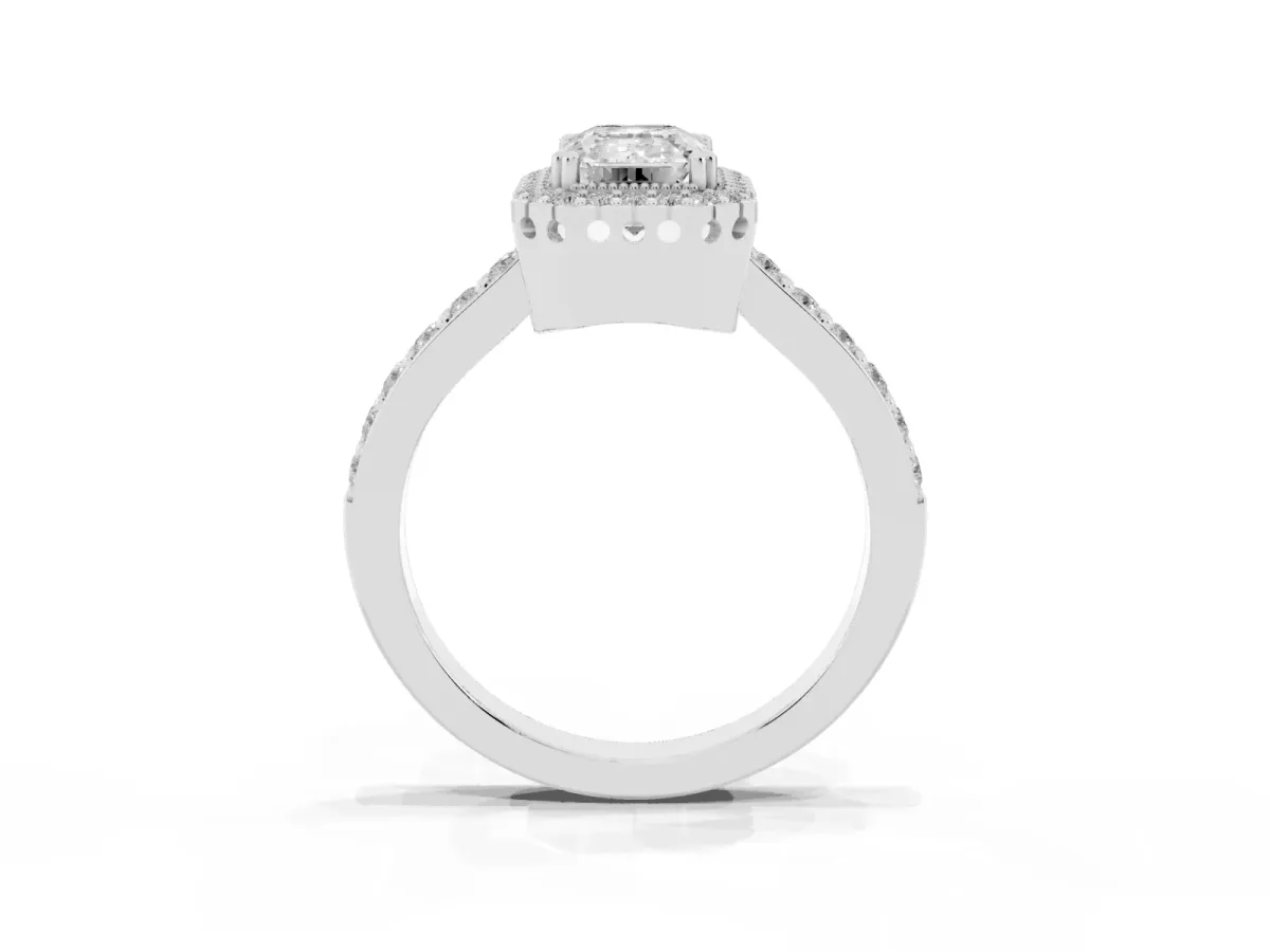 Emerald Cut Cut Diamond Halo Engagement Ring with Milgrain Detail and Pavé Band Silver
