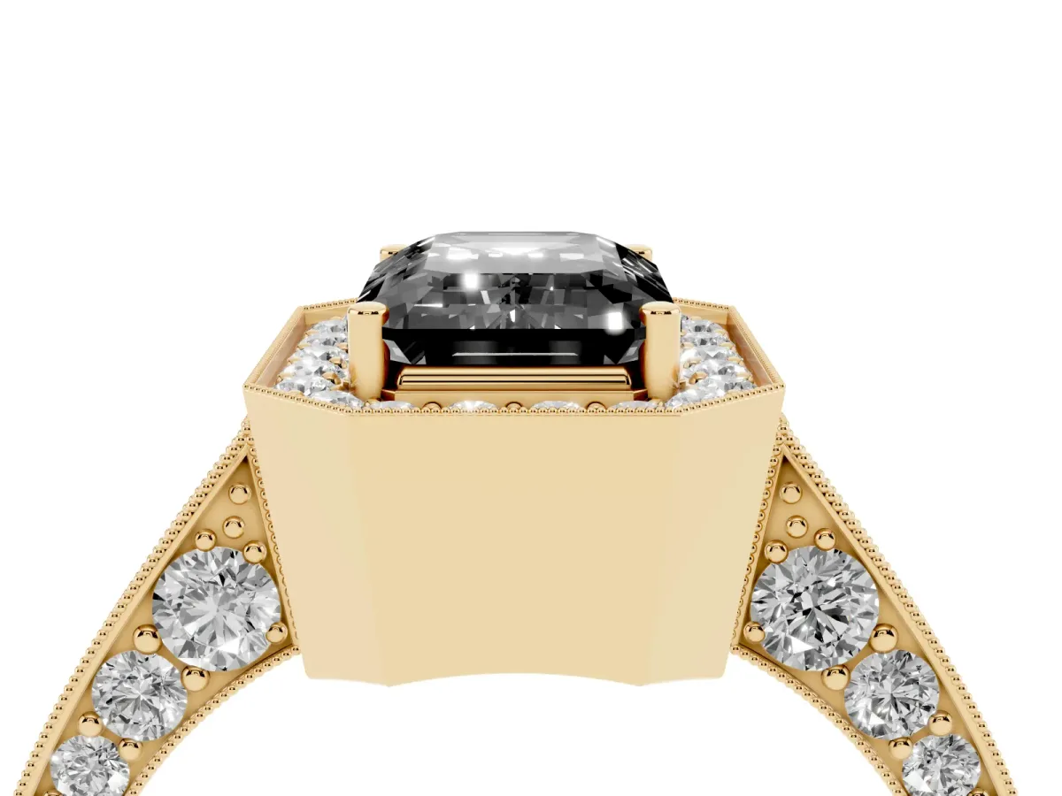 Fancy Black Emerald Cut Halo Diamond Engagement Ring with Split Shank Band and Four-Prong Setting Yellow gold