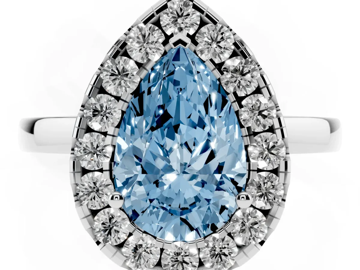 Fancy Blue Pear Cut Halo Diamond Solitaire with Pavé Band and Four-Prong Setting Silver