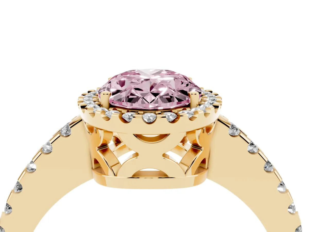 Fancy Pink Oval Cut Diamond Halo Engagement Ring with Pavé Band and Prong Setting Yellow gold