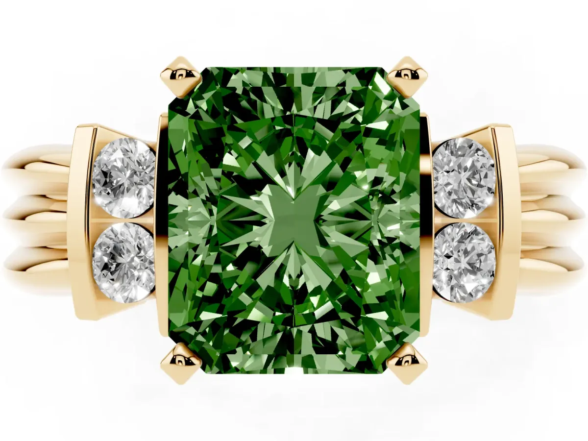 Fancy Green Radiant Cut Cut Three-Stone Channel Set Ring with Bar Prongs Yellow gold