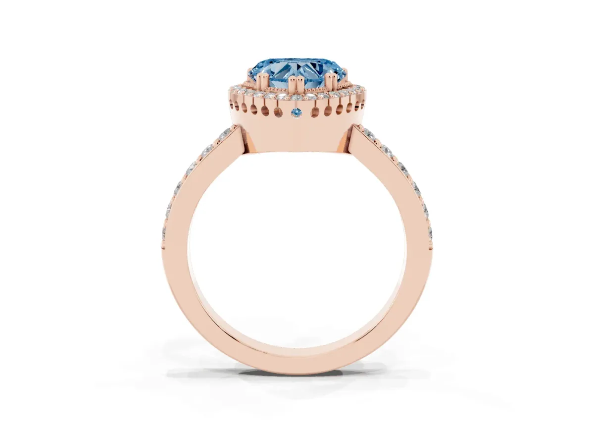 Fancy Blue Heart Cut Cut Diamond Halo Engagement Ring with Milgrain Detail and Pavé Band Rose gold