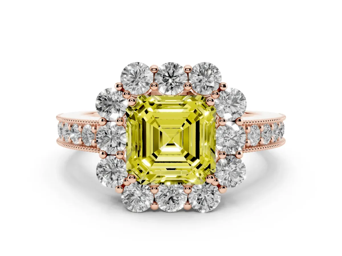 Fancy Yellow Asscher Cut Cut Halo Diamond Pavé Engagement Ring with Milgrain Detailing Rose gold