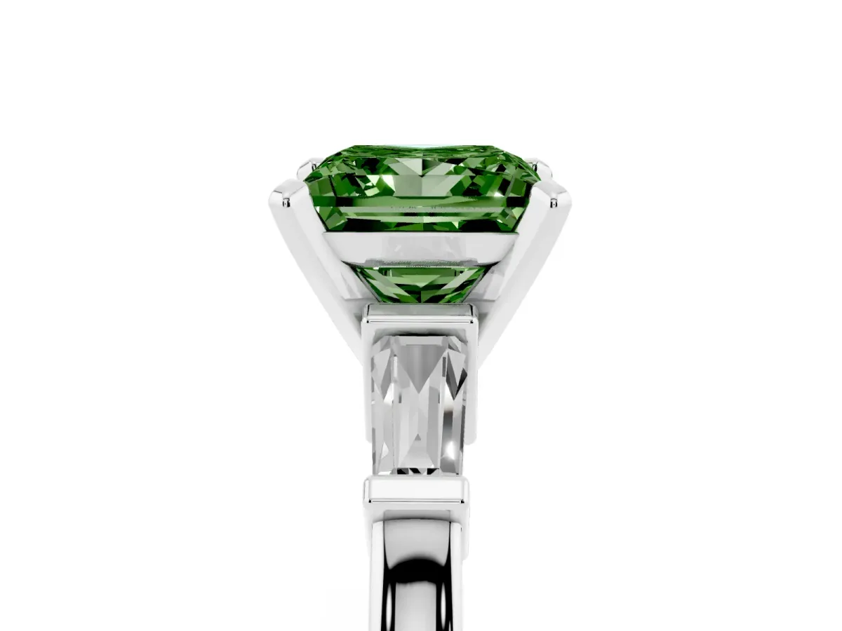 Fancy Green Princess Cut Cut Diamond Solitaire Ring with Tapered Baguette Accents and Four-Prong Setting Platinum