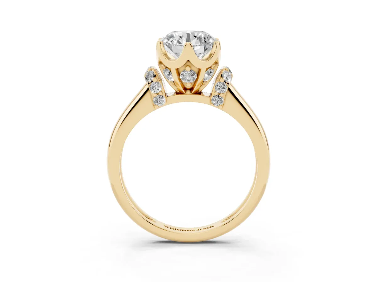 Round Cut Brilliant Solitaire Cathedral Engagement Ring with Pave Accents Yellow gold