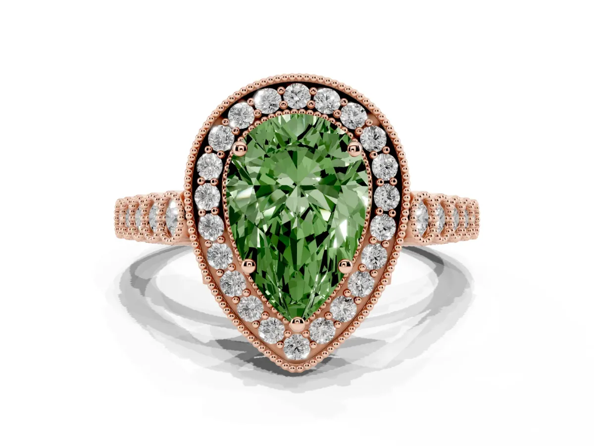 Fancy Green Pear Cut Halo Milgrain Solitaire with Bezel Set Side Stones and Pave Band Rose gold