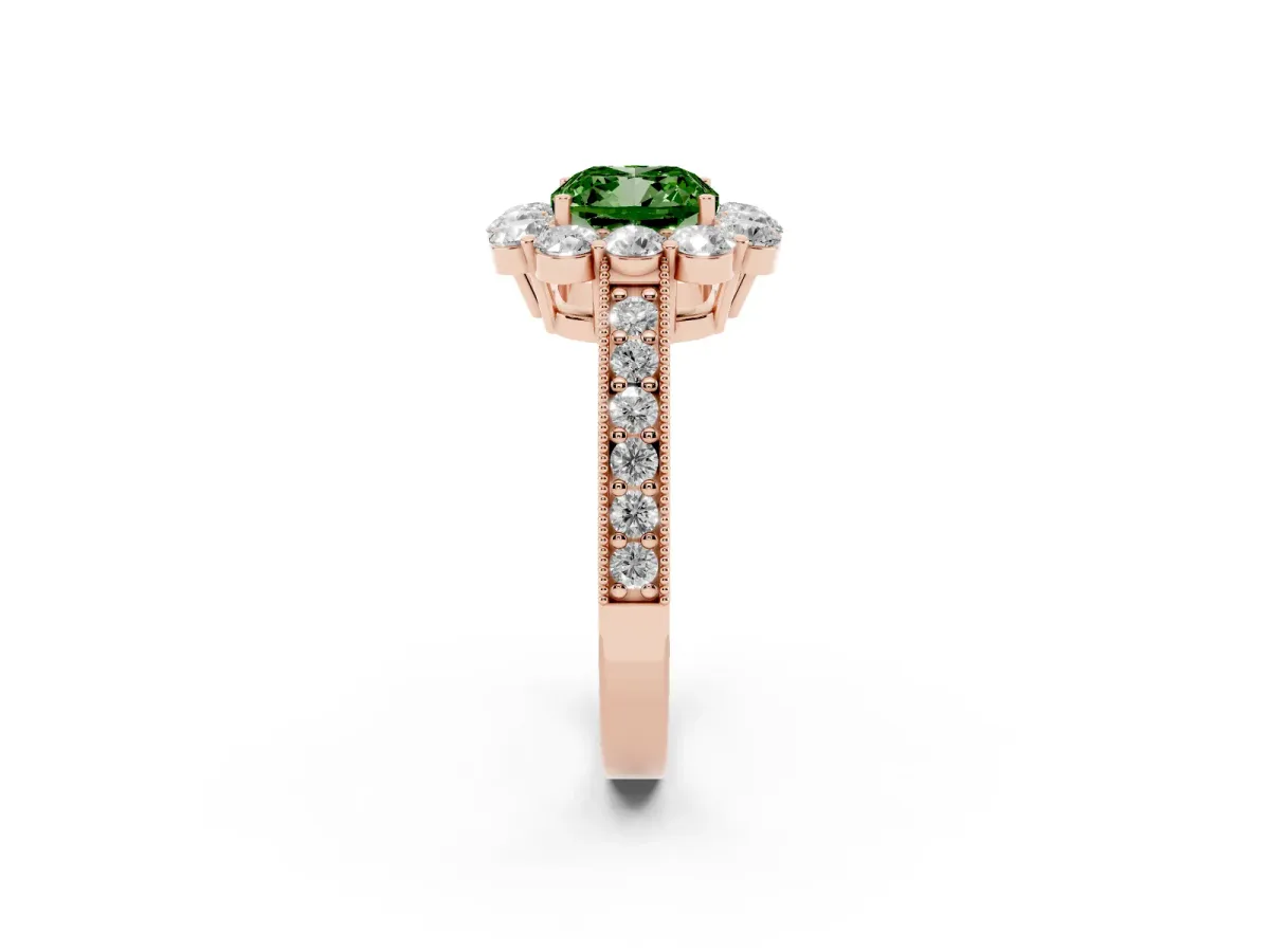 Fancy Green Cushion Cut Cut Halo Diamond Pavé Engagement Ring with Milgrain Detailing Rose gold
