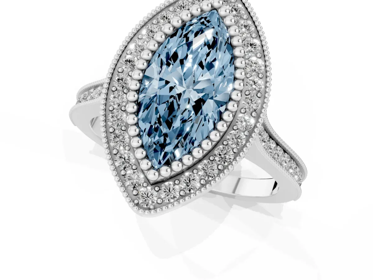 Fancy Blue Marquise Cut Diamond Halo Ring with Milgrain Frame and Pavé Band White gold