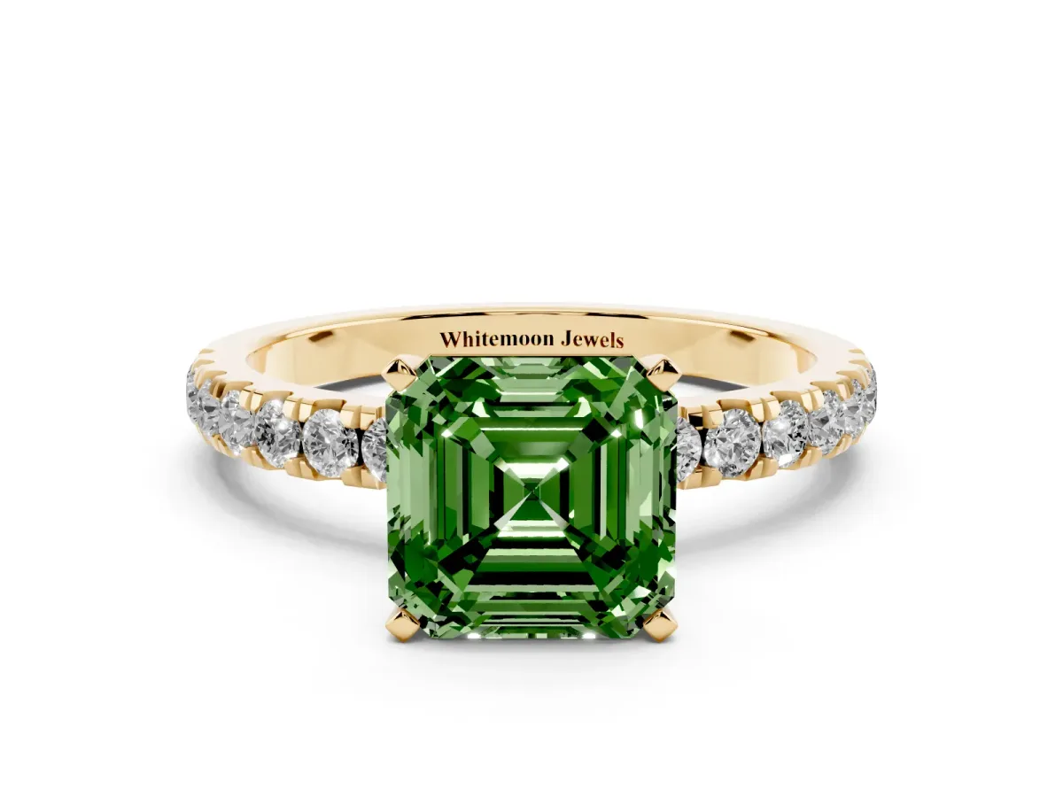 Fancy Green Asscher Cut Diamond Solitaire Ring with Pavé Accents and Four-Prong Setting Yellow gold