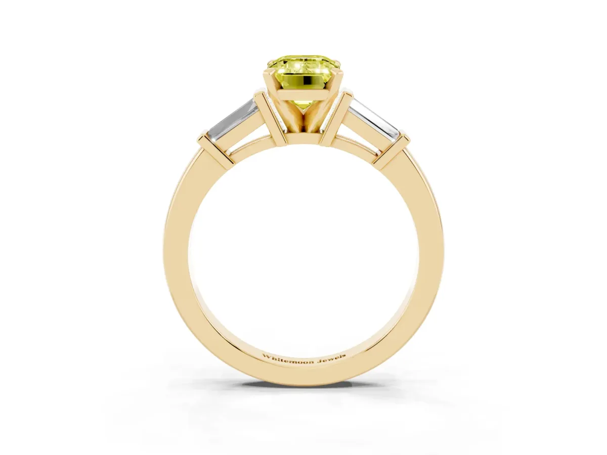 Fancy Yellow Emerald Cut Cut Diamond Solitaire Ring with Tapered Baguette Accents and Four-Prong Setting Yellow gold