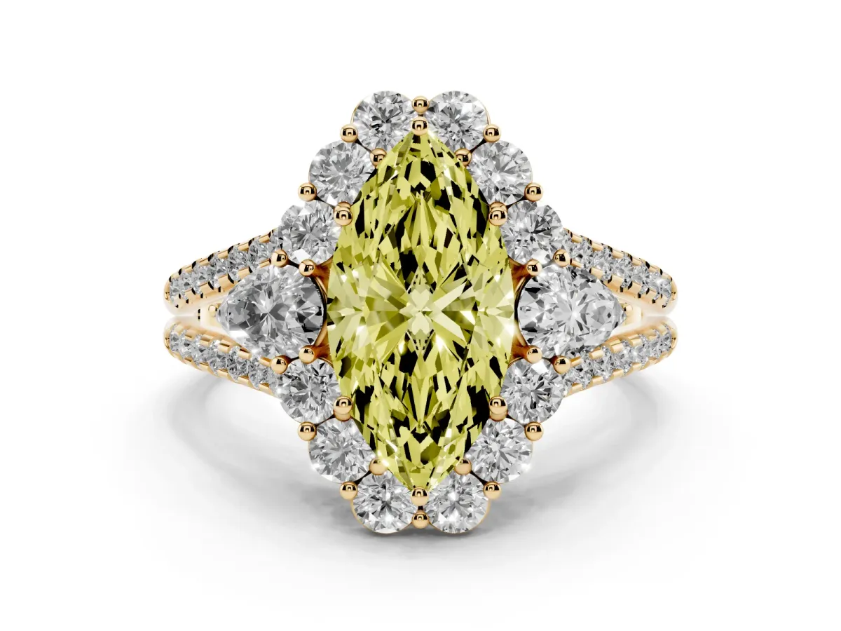 Fancy Yellow Marquise Cut Halo Split Shank Diamond Engagement Ring with Prong Setting Yellow gold
