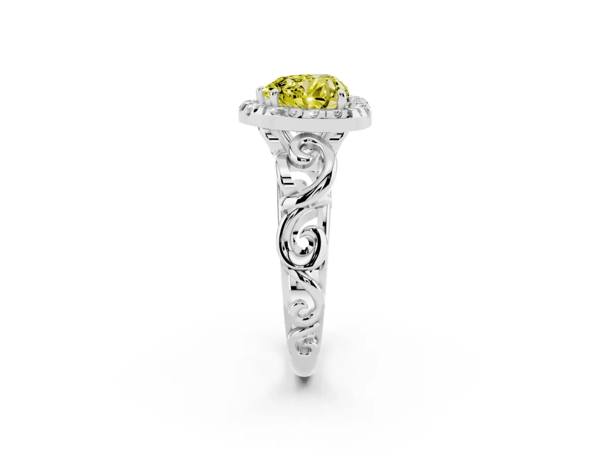 Fancy Yellow Heart Cut Cut Halo Diamond Ring with Scrollwork Band and Four-Prong Setting Silver