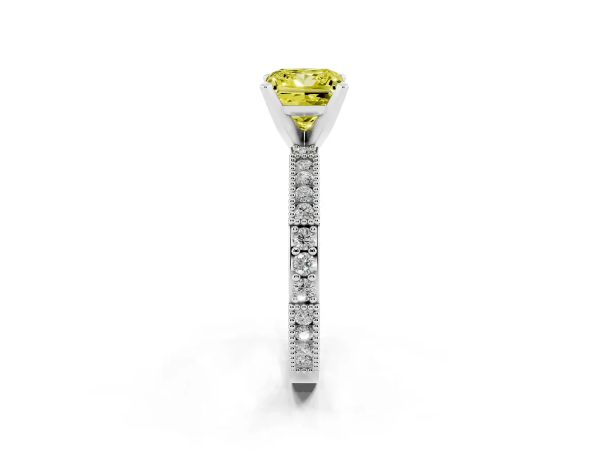 Fancy Yellow Princess Cut Solitaire with Pavé Band and Four-Prong Setting Silver