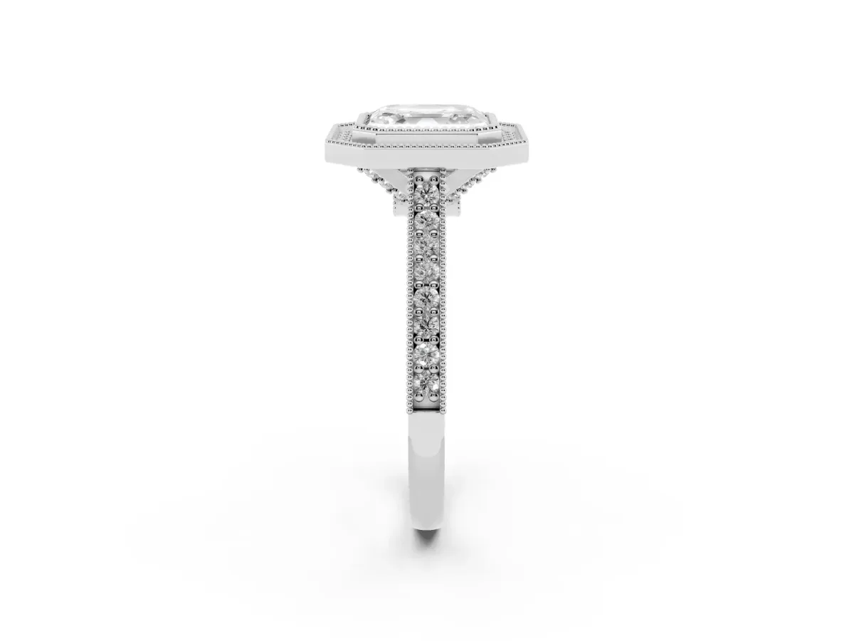 Halo Asscher Cut-Cut Diamond Pave Band Milgrain Prong Setting Ring Silver