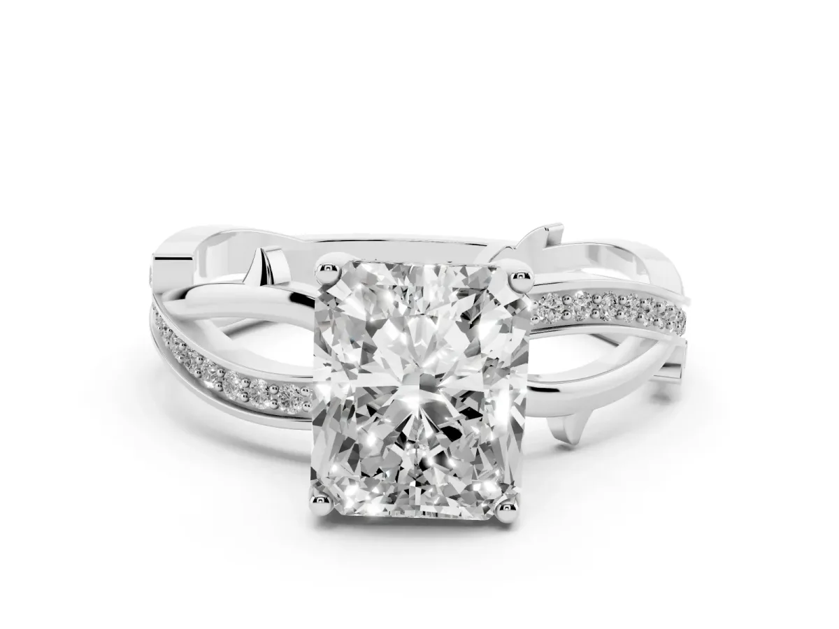 Radiant Cut Solitaire Twist Band with Pavé Accents and Four-Prong Setting White gold