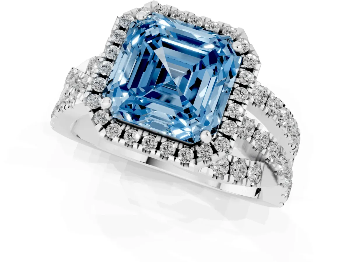 Fancy Blue Asscher Cut Diamond Halo Ring with Round Split Shank and Prong Setting Silver