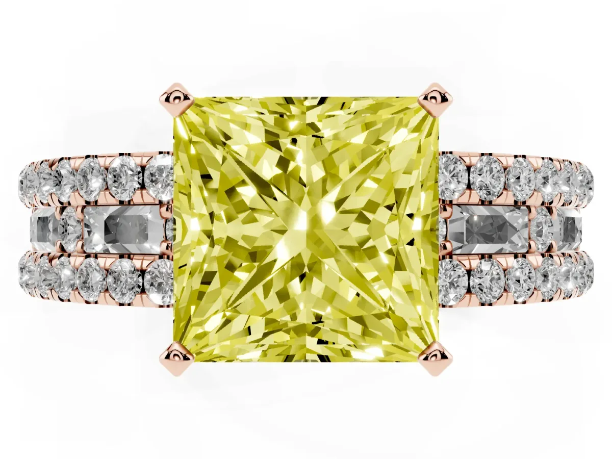 Fancy Yellow Princess Cut Diamond Solitaire Ring with Pavé and Channel Set Band Rose gold