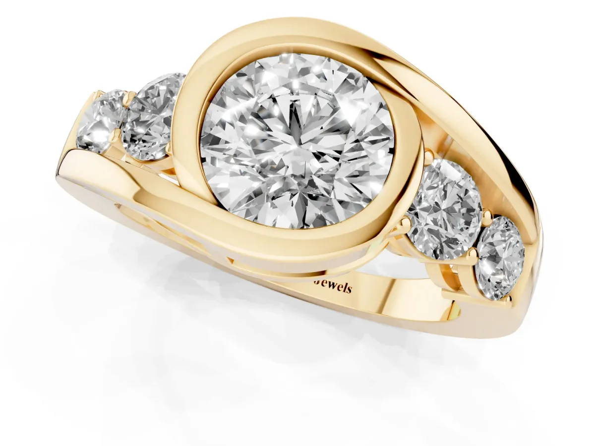Bezel Set Round Cut Diamond Bypass Ring with Round Accents Yellow gold