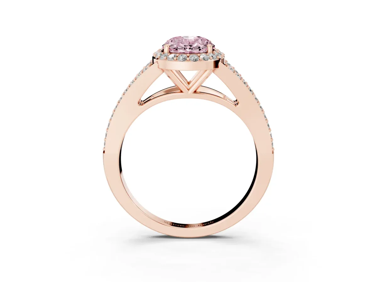 Fancy Pink Oval Cut Halo Split Shank Pave Diamond Ring with Four-Prong Setting Rose gold