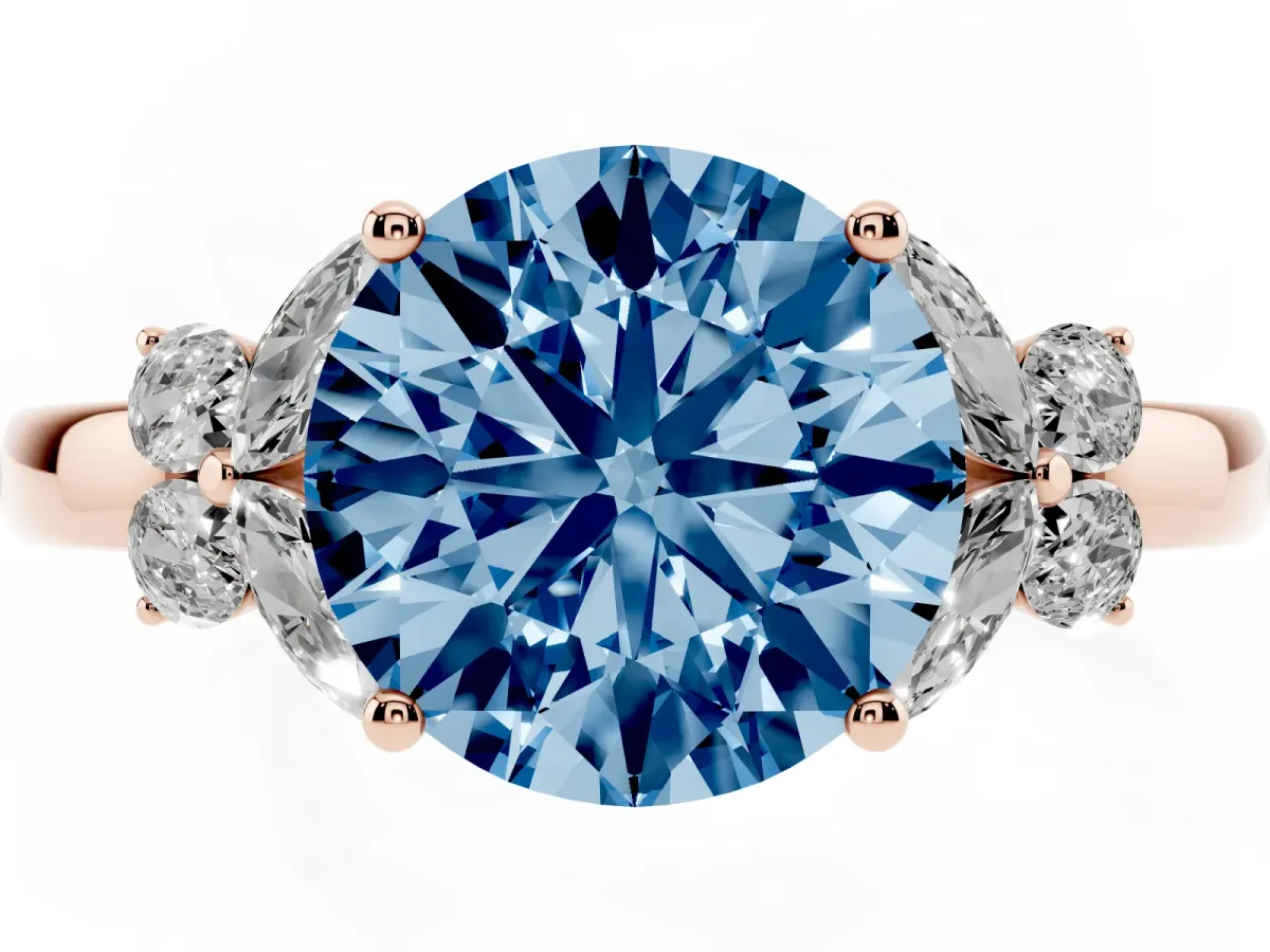 Fancy Blue Round Cut Cut Solitaire Floral Diamond Ring with Four-Prong Setting Rose gold