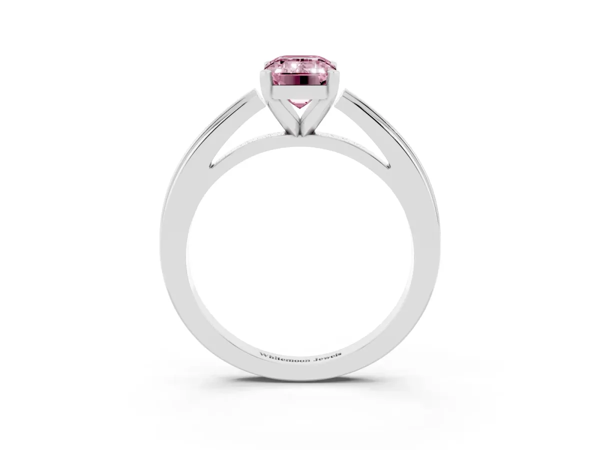 Fancy Pink Emerald Cut Solitaire Diamond Ring with Four-Prong Setting and Classic Band Silver