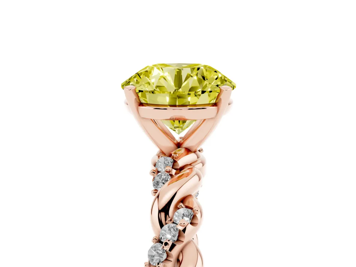 Fancy Yellow Round Cut Diamond Solitaire Ring with Twisted Band and Pavé Accents Rose gold