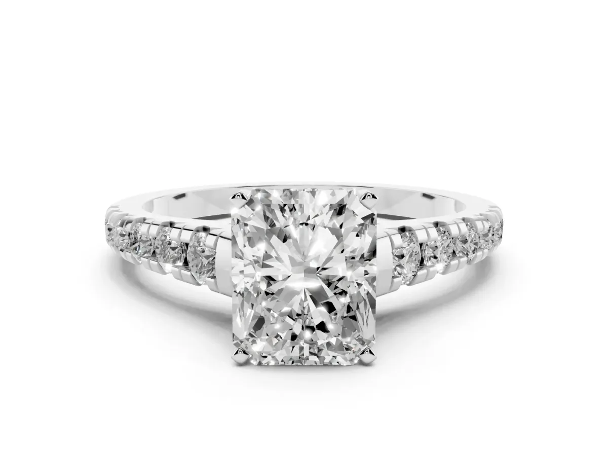 Radiant Cut Diamond Cathedral Solitaire Ring with Round Pavé Band Platinum