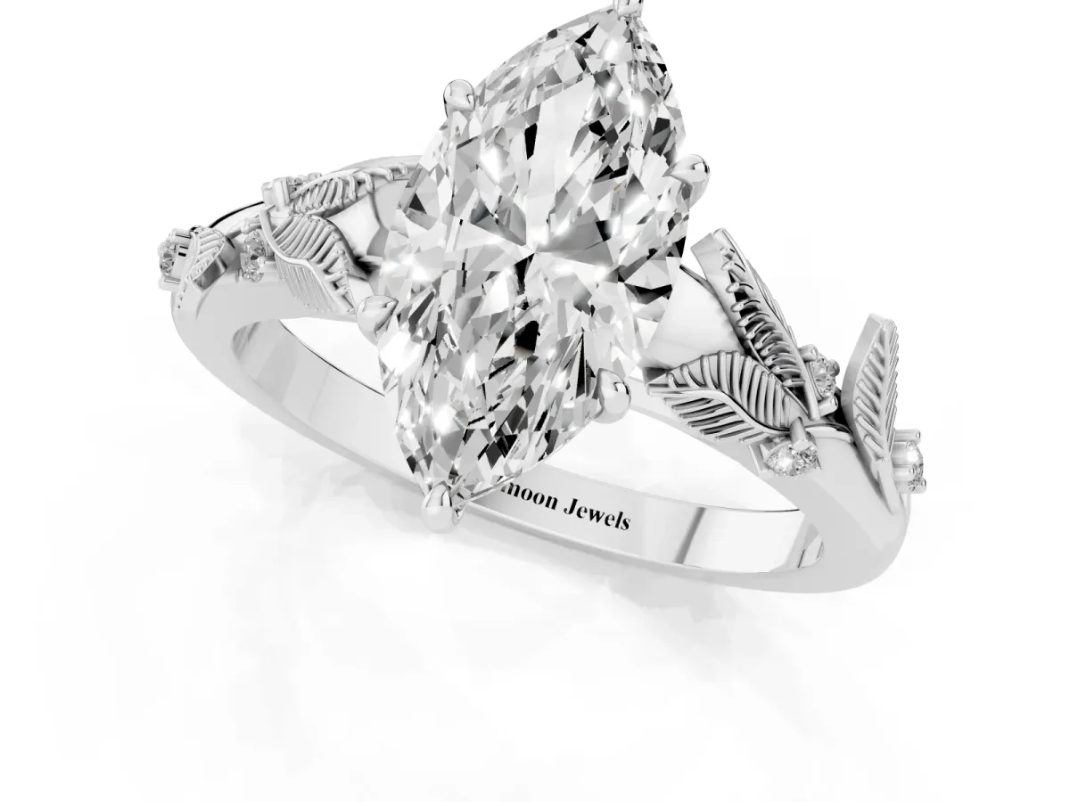 Marquise Cut Diamond Solitaire Ring with Leaf Motif Band and Four-Prong Setting Silver