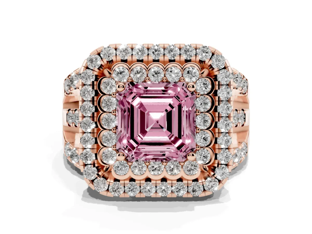 Fancy Pink Asscher Cut Diamond Double Halo Ring with Round Pavé Split Shank and Prong Setting Rose gold