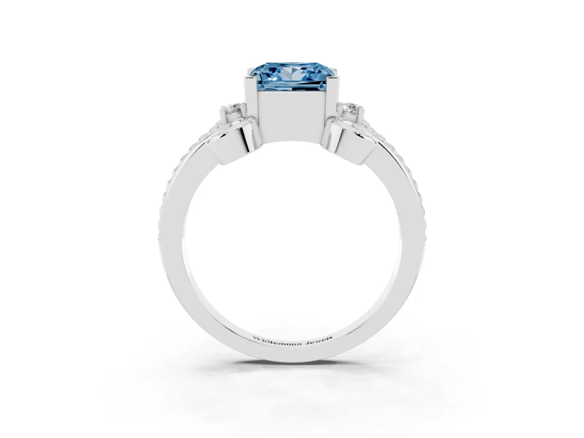 Fancy Blue Princess Cut Solitaire Twisted Band Scroll Prong Ring Silver