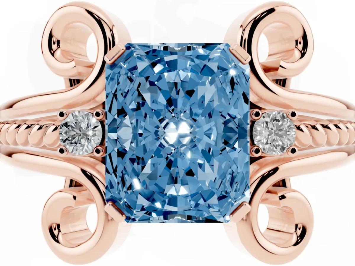 Fancy Blue Radiant Cut Solitaire Twisted Band Scroll Prong Ring Rose gold