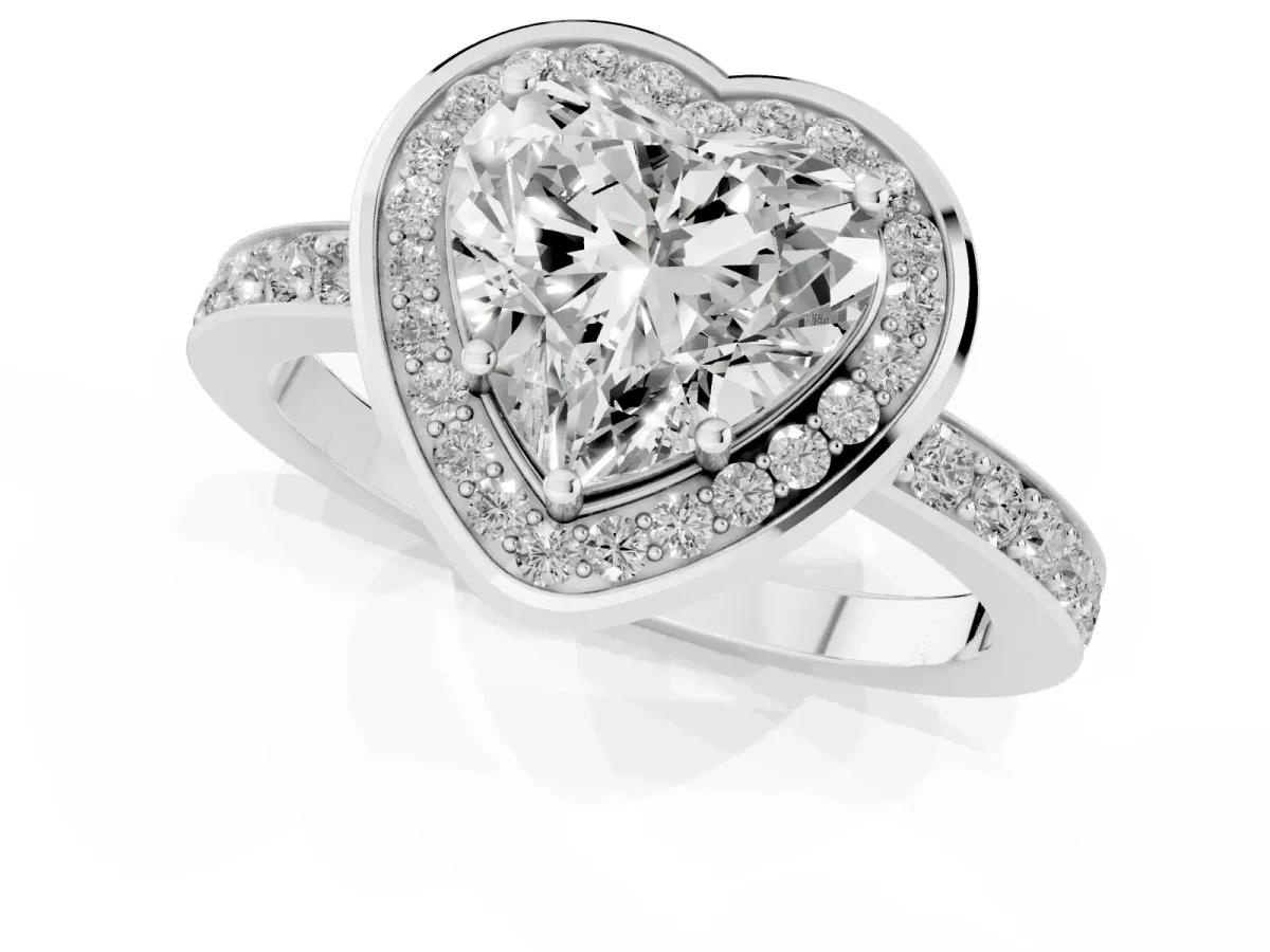 Heart Cut Diamond Halo Ring with Bezel Frame and Pavé Band Silver