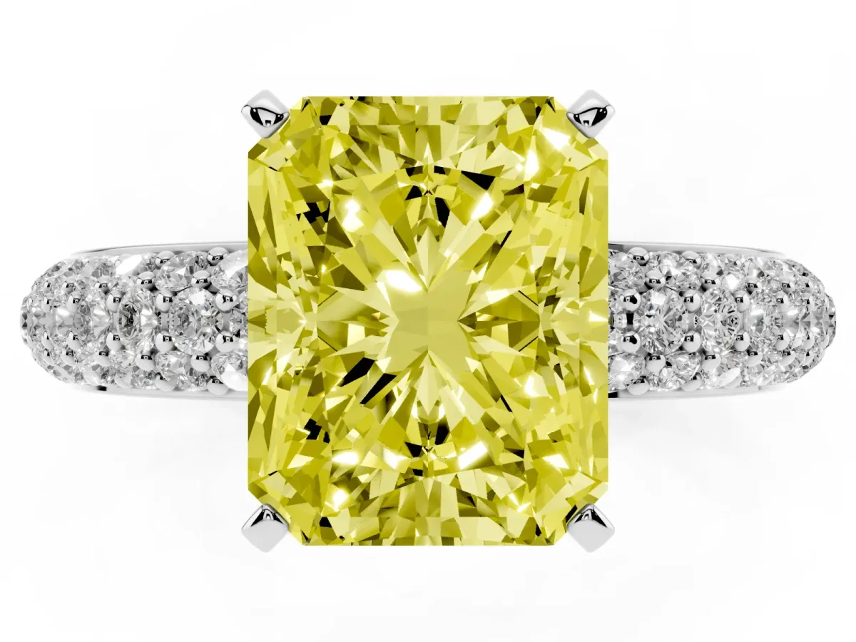 Fancy Yellow Radiant Cut Diamond Solitaire Ring with Prong Setting and Pavé Band Silver