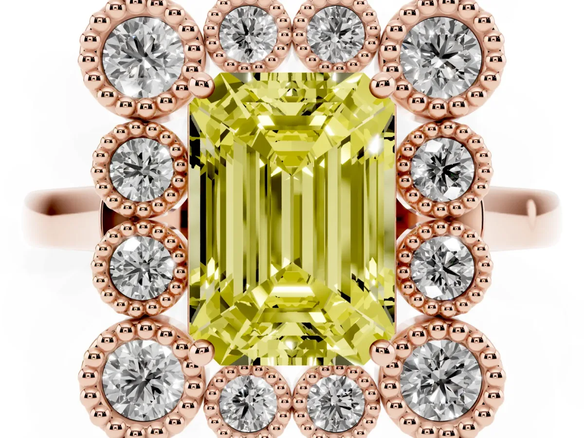 Fancy Yellow Emerald Cut Halo Diamond Cluster Engagement Ring with Milgrain Bezel Setting and Solitaire Band Rose gold